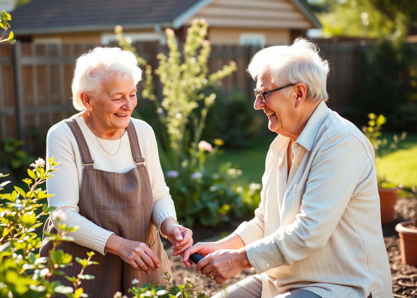 Two older adults gardening together